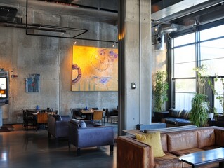 Modern industrial styled interior featuring art and open dining area