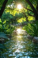 Fototapeta premium Serenity captured in a sunlit stream surrounded by lush greenery in a tranquil natural setting