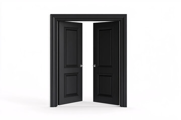 A pair of elegant black double doors standing open in a minimalist white space

