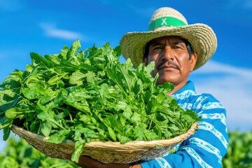 Native American farmer collects organic vegetables and medicinal plants while promoting sustainable agriculture practices in bright daylight