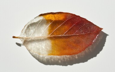 Fototapeta premium Translucent Leaf with Amber and Red Hues on White Background