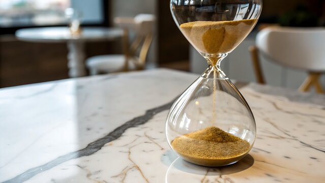 Elegant glass hourglass with golden sand flowing, time concept, minimalistic design