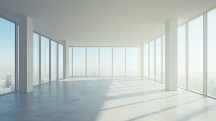 Obraz premium Sunlit empty modern office space with city view.