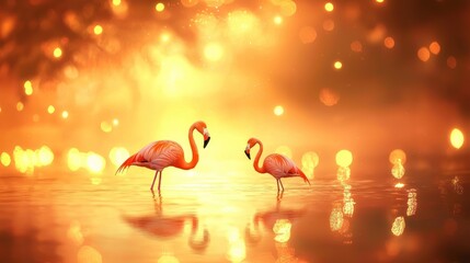 Obraz premium Two flamingos in golden sunset, water reflection.