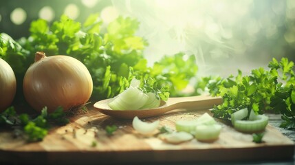 Fresh onions, parsley, and herbs on wooden board.
