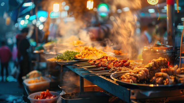 Steamy Night Market Delights: A Vibrant Display of Grilled Foods and Culinary Treats, Perfect f