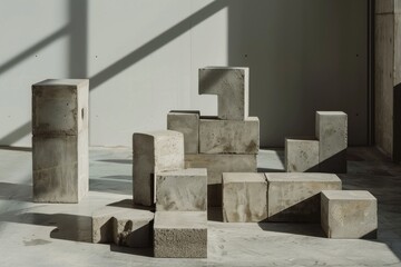 Brutalist concrete alphabet blocks in architectural arrangement with harsh shadows and industrial aesthetic decorative elements.