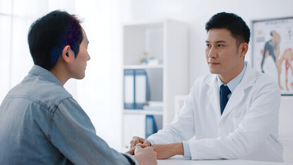 Obraz premium Asian doctor reassuring male patient during consultation in a medical office.