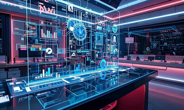 Futuristic Data Hologram Display in Neon Lit Modern Office Interior with Pixelated Effects and Chart Diagram Data Analysis