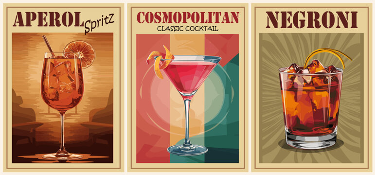 Cocktails retro poster set. Aperol Spritz, Negroni, Cosmopolitan. Collection of popular alcohol drinks. Vintage flat vector illustrations for bar, pub, restaurant, kitchen wall art print.