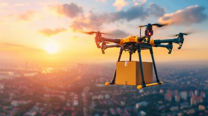 Futuristic cityscape  a delivery drone transporting a package through urban skies