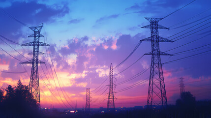 Fototapeta premium Power transmission towers stand tall amidst electric atmosphere at dusk. Electric Twilight. Illustration