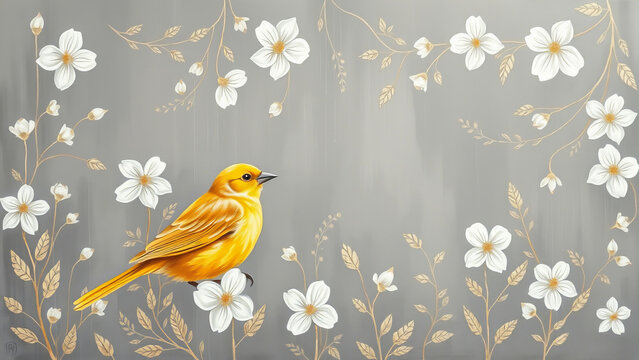 Ein leuchtend gelber Vogel sitzt anmutig zwischen wei&szlig;en Blumen vor einem grauen Hintergrund. Ein harmonisches, elegantes Naturmotiv. Generative KI.