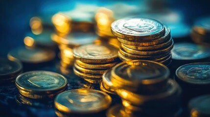 Close up photograph of a stack of gold coins in focus