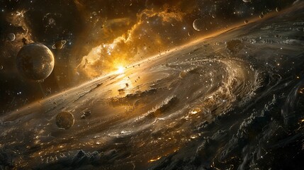 A vibrant planet enveloped by colorful rings and orbiting luminescent orbs in space