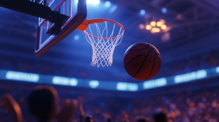A basketball smoothly swishes through the net as fans cheer in a vibrant arena filled with anticipation during the evening match.