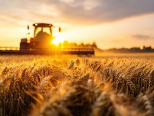 Fototapeta premium Sunset over golden wheat field with tractor harvesting crops in rural landscape