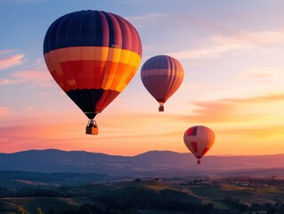 Fototapeta premium Colorful hot air balloons drift over mountainous landscape at sunset
