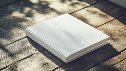 The Blank Canvas: A hardcover book rests on a weathered wooden table. The cover of the book is perfectly clean, waiting for the story to be written.