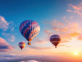 Naklejka premium Hot air balloons ascend in vibrant sunrise sky over scenic landscape