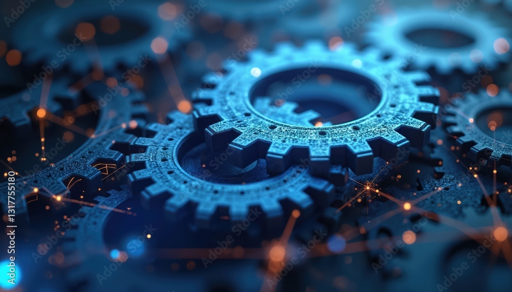 Poster abstract 3d rendering of gears with bokeh lights, digital lines in dark blue. tech concept of machin