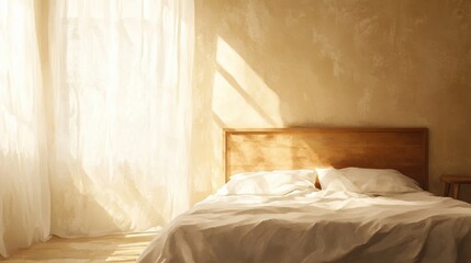 A serene bedroom with a large window, wooden headboard, and white bedding.
