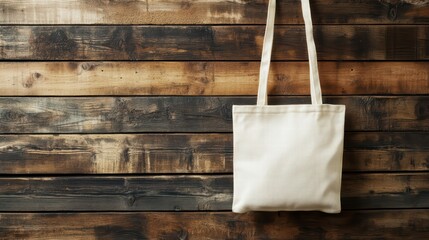 Eco-Friendly Elegance: A pristine, blank tote bag hangs against a rustic wood-plank backdrop, suggesting environmental consciousness and simplicity.