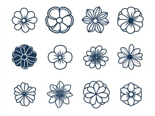 Twelve simple flower illustrations, white background, design element