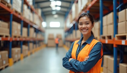 Smiling asian employee with arms crossed wearing orange safety vest in warehouse. Woman surrounded by boxes and shelves. Fulfillment center worker proud of her job in logistics. Distribution concept.