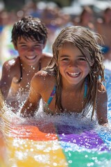 Kids enjoying a colorful water slide on a sunny day at a water park creating joyful splashes and laughter