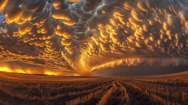Sunset paints golden mammatus clouds atop a rural landscape people beneath a powerful supercell's rotating mesocyclone golden storm lighting.