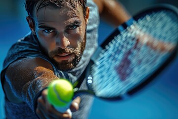 Close up of a concentrated tennis player in mid-serve, water droplets on his face and arms, focused on the bright yellow tennis ball in the foreground, playing on a blue court