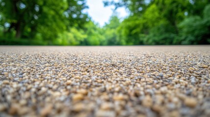 Close-up of a grainy surface, with blurred green trees in the background, creating depth of field.