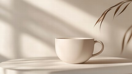 Obraz premium Mug in the shadow: A pristine, empty mug rests in a sun-dappled ambiance, evoking feelings of calm, contemplation, and understated sophistication.