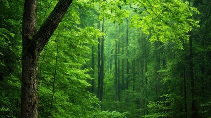 Fototapeta premium Lush Green Forest with Clean Air and Flourishing Flora for Environmental Awareness