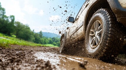 Close-up of muddy off-road vehicle tire splashing through mud on a dirt road, surrounded by green scenery.