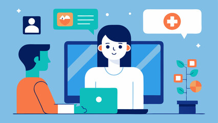 Telehealth Interaction A scene where a patient interacts with an AI system during a telehealth visit receiving customized care recommendations displayed on the screen.