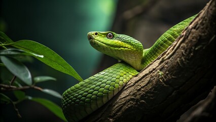 Obraz premium A close-up of a vibrant green snake coiled on a mossy branch, with piercing eyes and a blurred jungle background.
