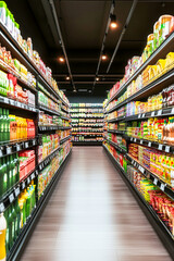 A long aisle of a grocery store with many different types of drinks