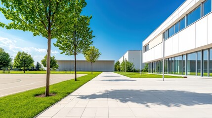 Modern Multi-Purpose Sports Complex with Green Spaces and Clear Blue Sky