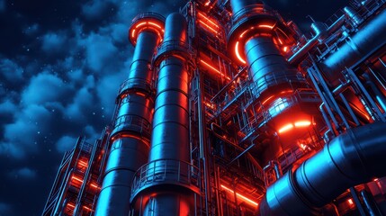 Nighttime Scene of an Oil Refinery Illuminated by Glowing Industrial Lights