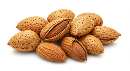 Almonds with Shells Isolated on White Background