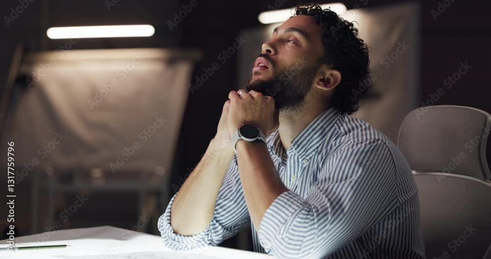 Poster Night, man and architect with creativity, stress and deadline with project, mistake and overworked. Person, evening and drawing in workspace, illustrator and burnout with editing and problem solving