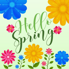 Hello Spring card background or poster for spring holidays with floral and leaf elements. observed every year in March. Holiday concept. Use to any Template, card, poster, placard, template