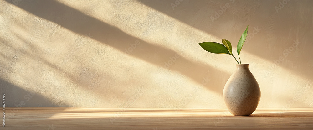Poster beige wall with textured surface, sunlight casts shadows, simple vase with green leaves on wooden su