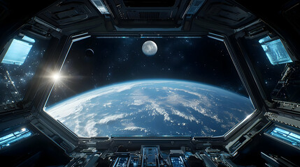 View Of Planet Earth And The Moon From A Spaceship Cockpit Window With Sunlight
