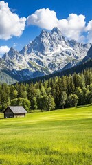 Mountain cabin meadow, sunny Alps