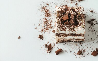 Layered Chocolate Dessert with Shavings on White Background