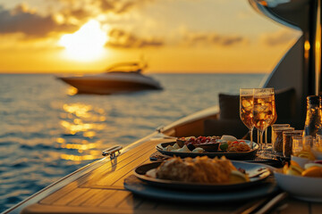Romantic sunset dinner cruise on a yacht.