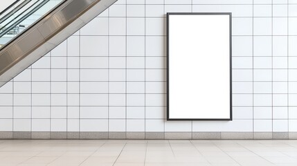 Blank Billboard Display in Modern Shopping Mall with Clear Wall and Escalator Background